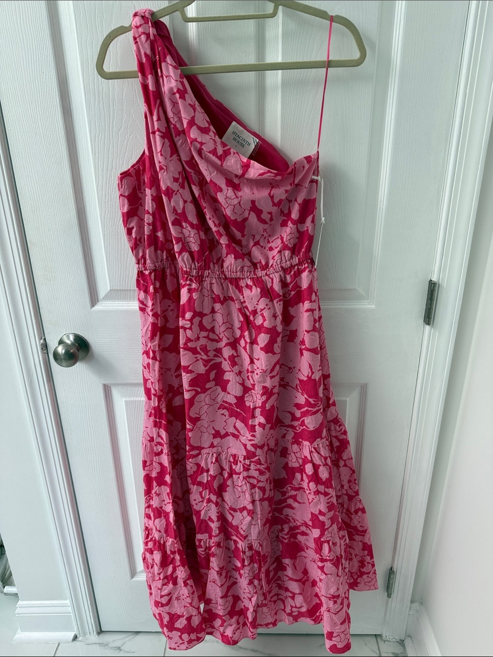 One-Shoulder Pink Floral Dress with Draped Bodice